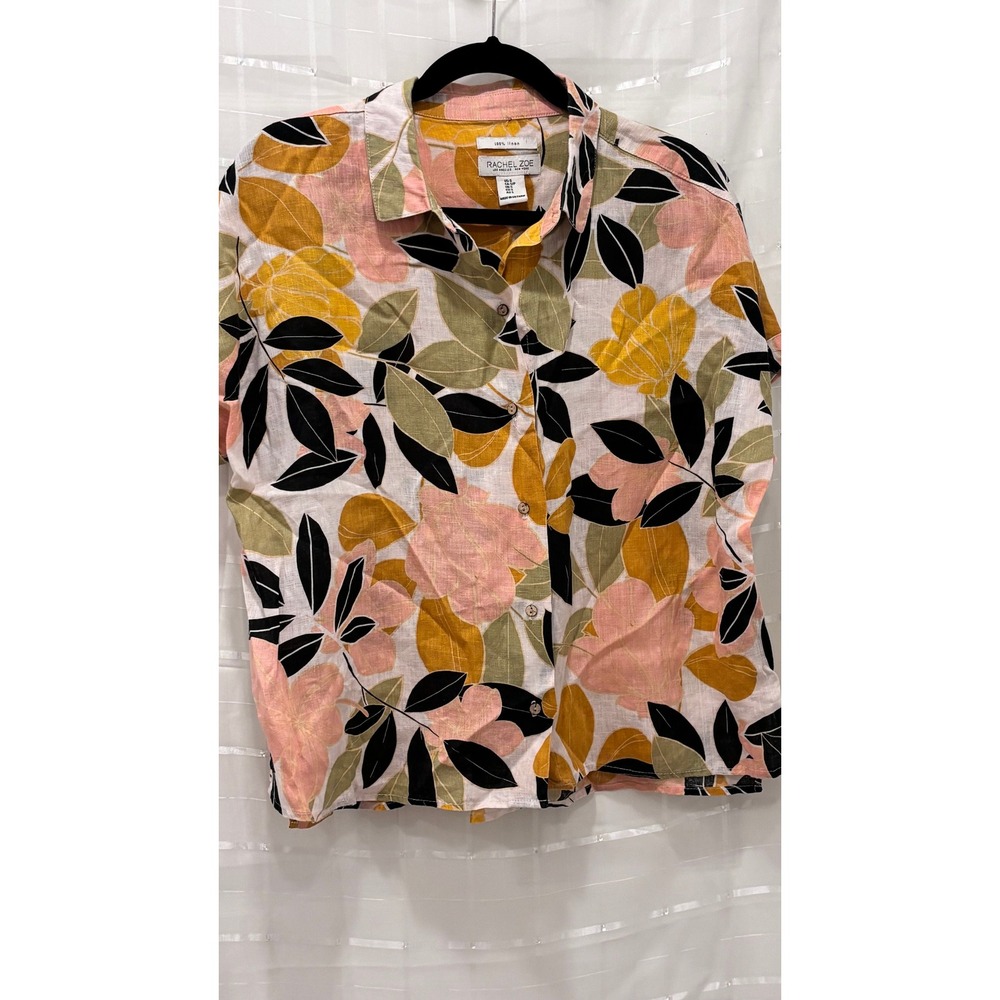Rachel Zoe Womens 100% Linen Floral Button Down Shirt Pink Yellow Short Slv S
